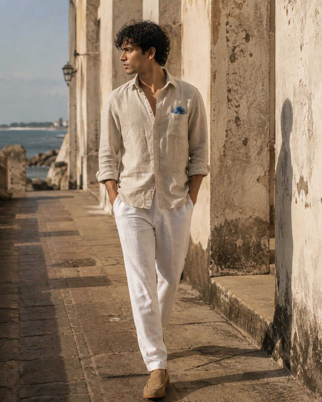 After: a model in the linen shirt walking along a sunlit seaside colonnade