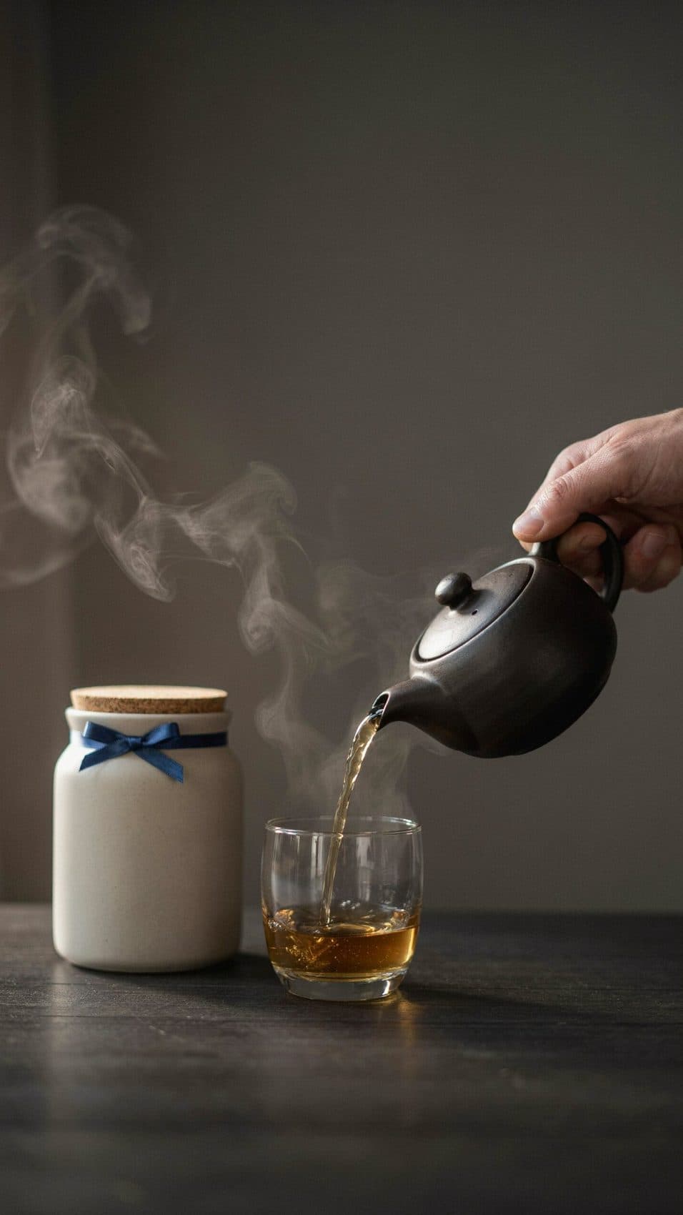 Vertical frame of tea being poured beside the canister, steam in window light