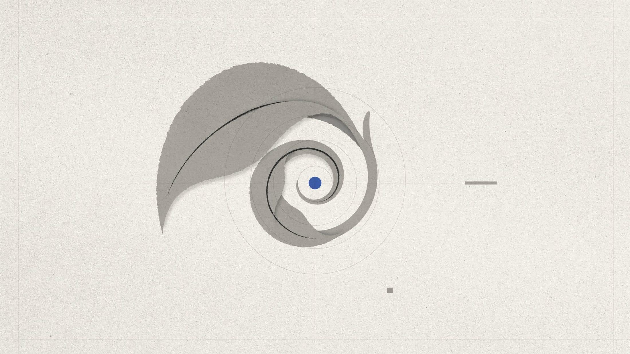 A paper tea leaf unfolding into a spiral with one blue dot