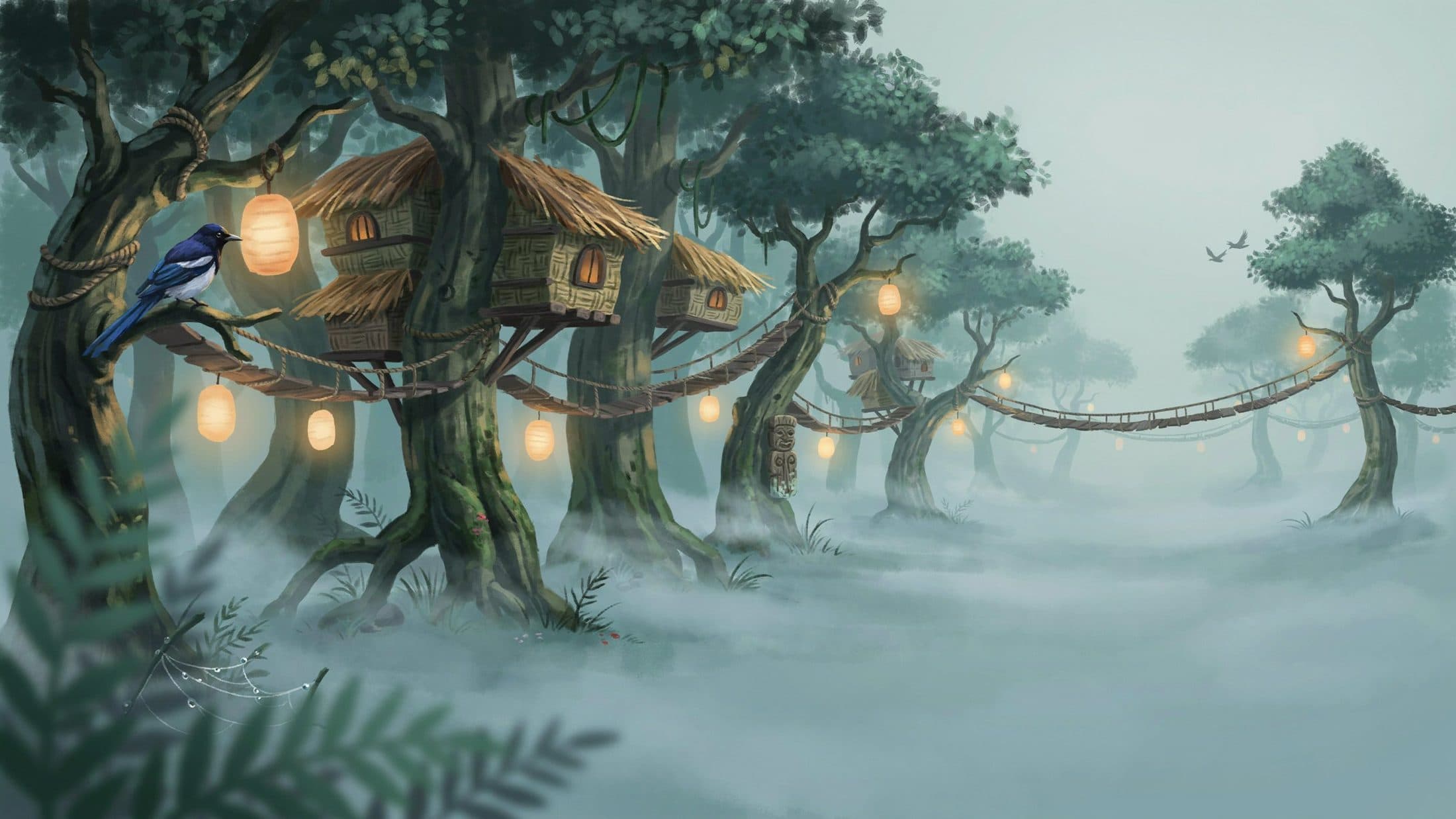 Concept art of a cloud-forest tree village with rope bridges and lanterns