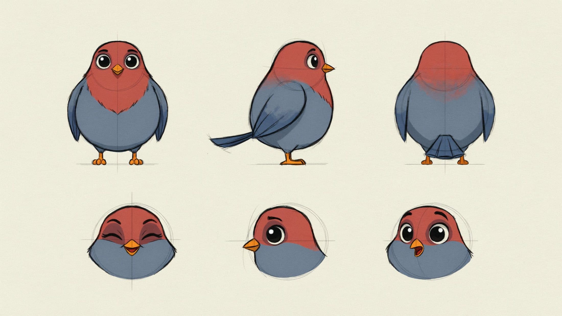 Character turnaround sheet of a round blue magpie mascot