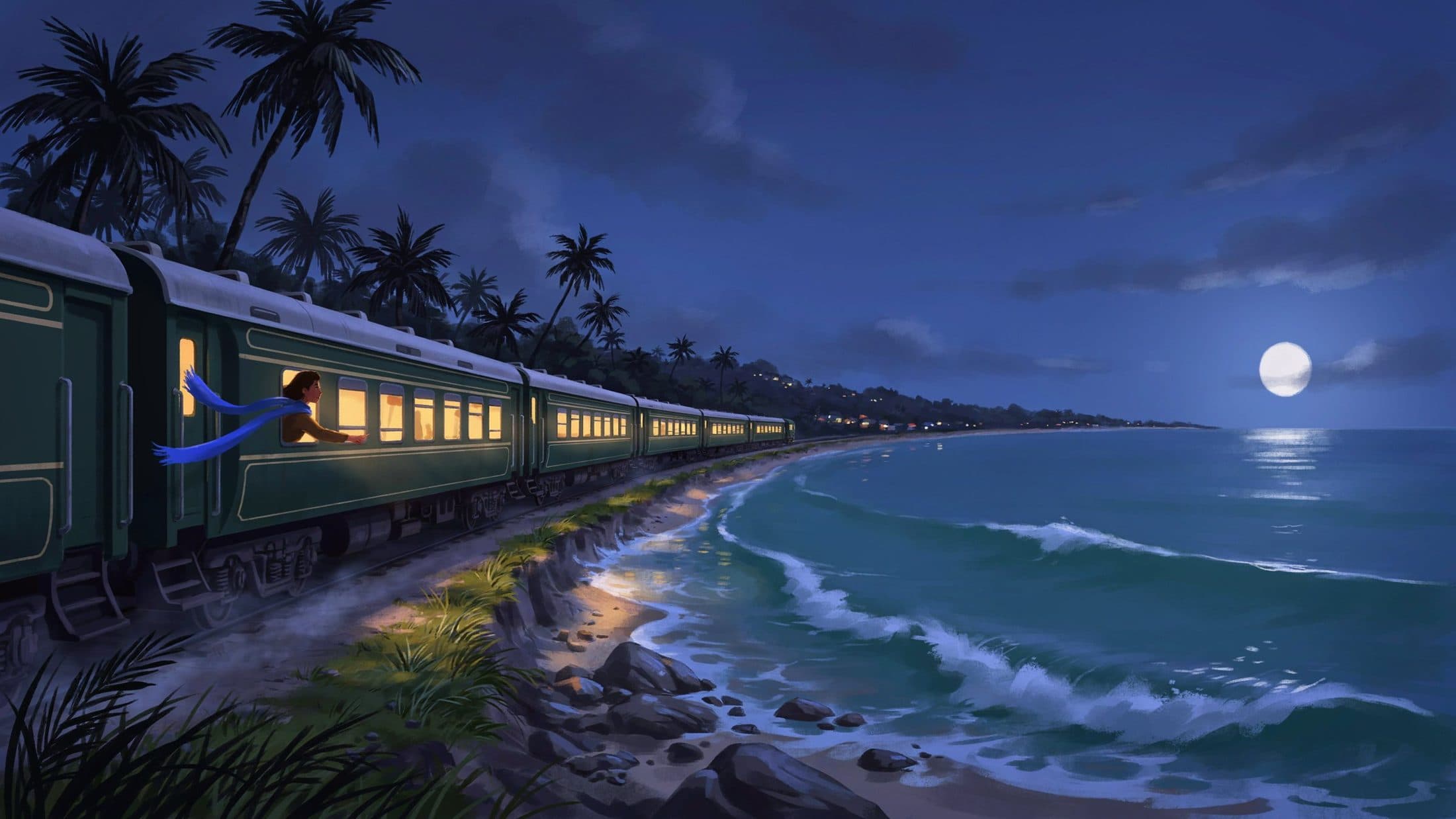 Anime key frame of a night train along the coast under a full moon