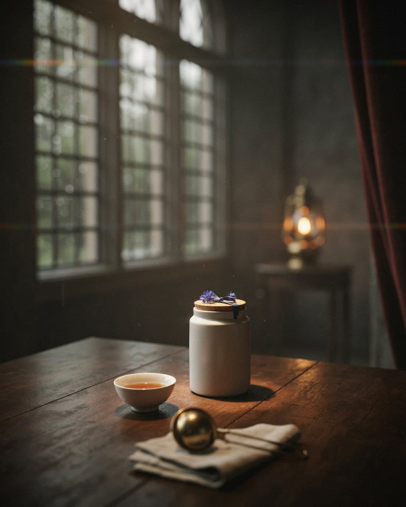Cinematic still of a tea canister in a rainy colonial tasting room