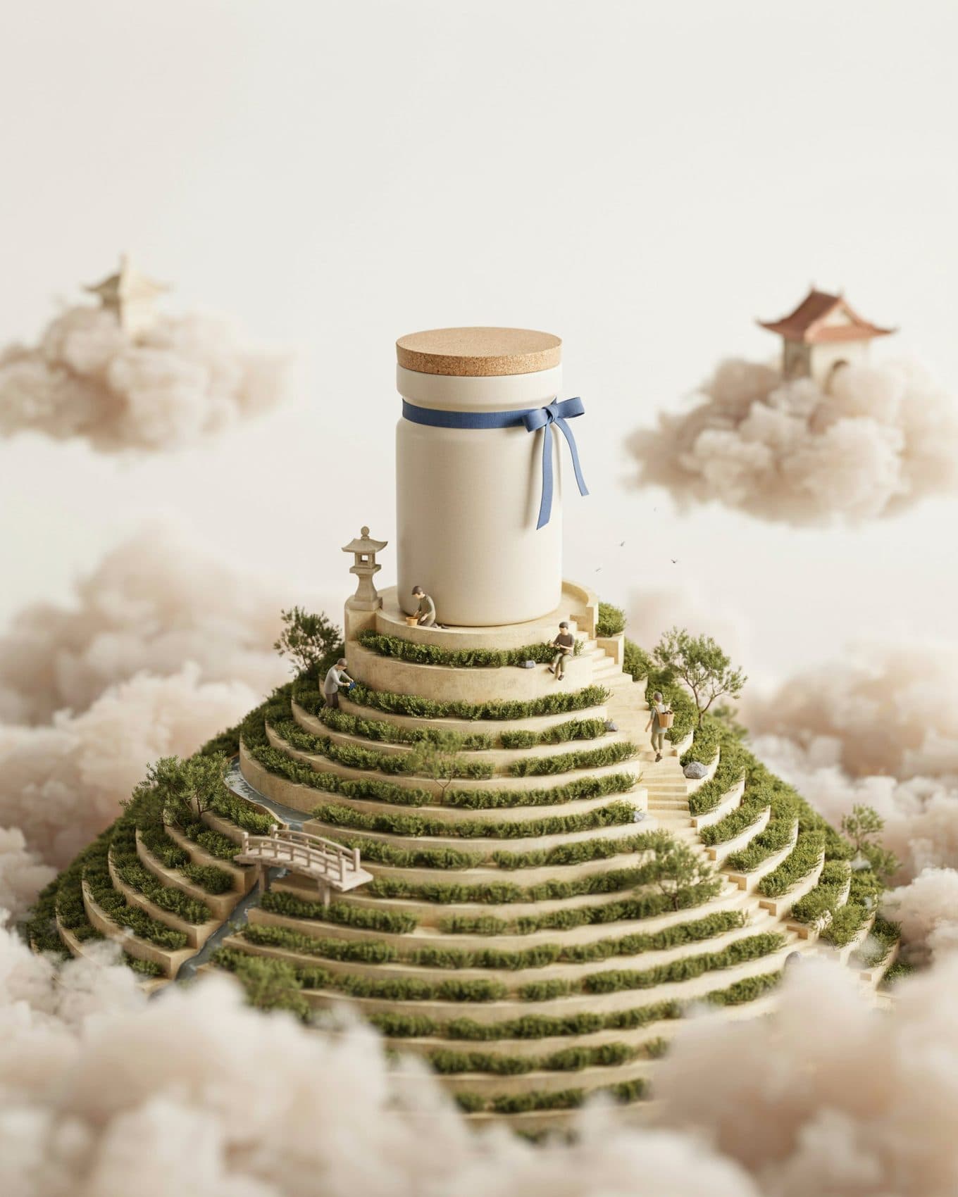 A 3D miniature of a product as a tower on a floating island of tea terraces