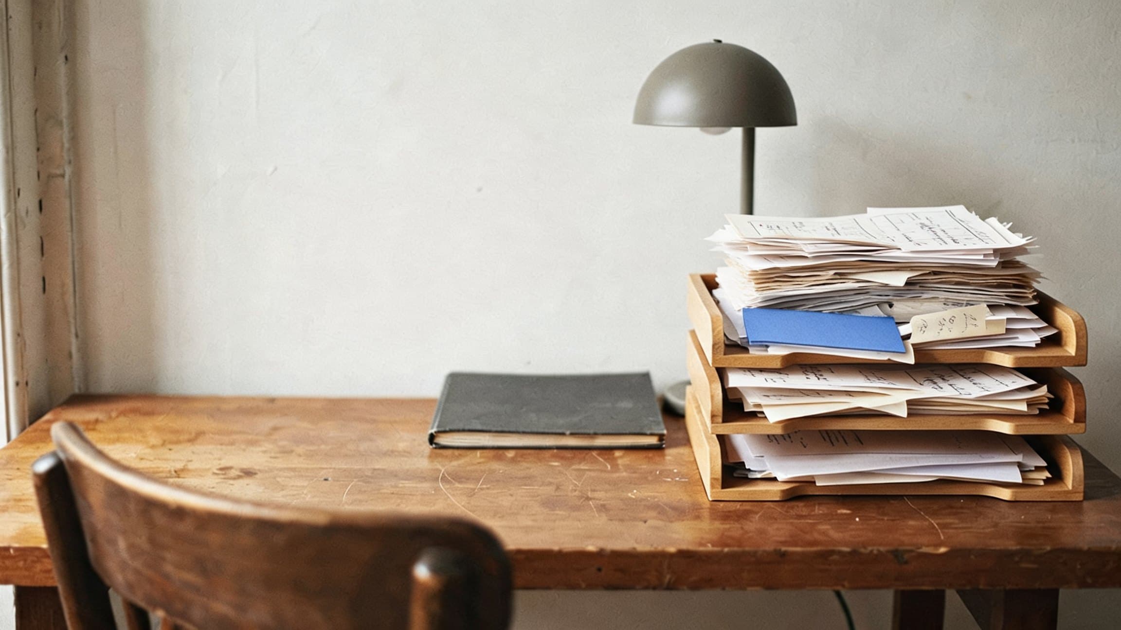 A worn wooden desk at first light with in-trays overflowing with invoices and bill books, one blue folder in the middle tray